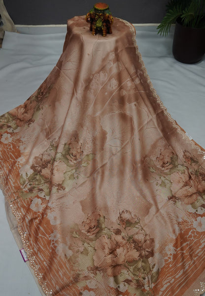 Matka Tussar Saree – Brown Floral Print with Scallop Border