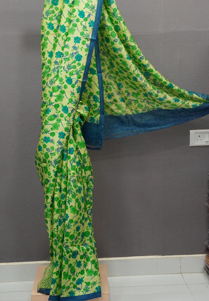 Pure Tussar Saree-Flourscent Green in Floral Pattern