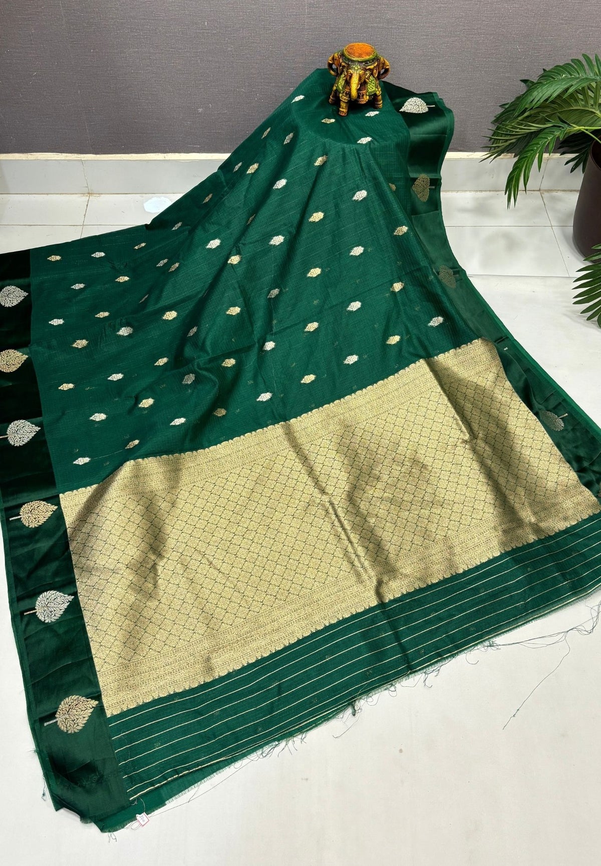 Art Silk Kota Saree-Bottle Green In Geometric Zari Brocade Border
