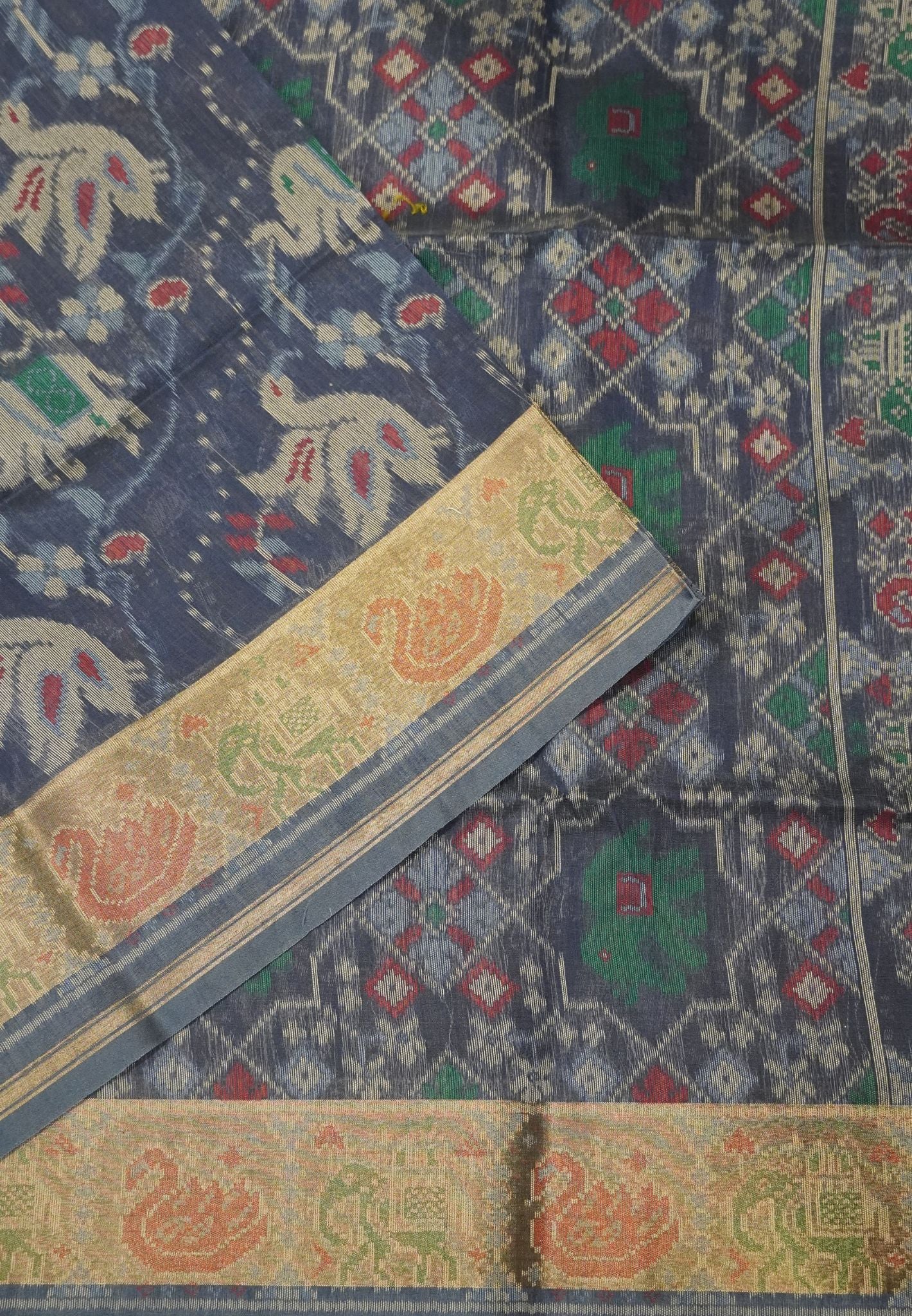 Raw Silk Saree - Navy Blue with Patola Print