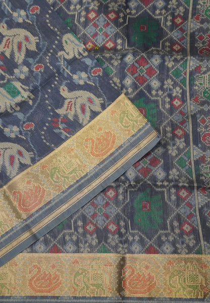 Raw Silk Saree - Navy Blue with Patola Print