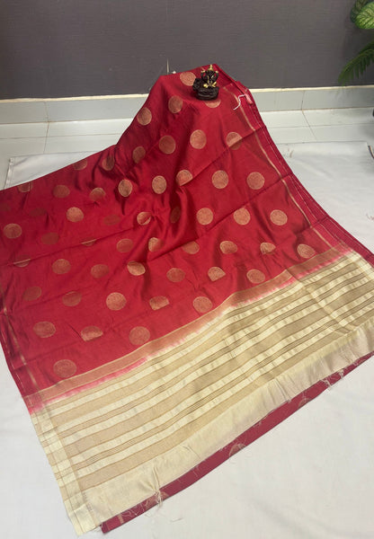 Soft Tussar saree-Maroon With Round Motif