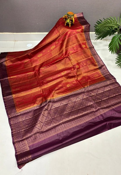 Pure Tussar Saree-Rust Orange In Geometric Diamond Zari With Contrast Border