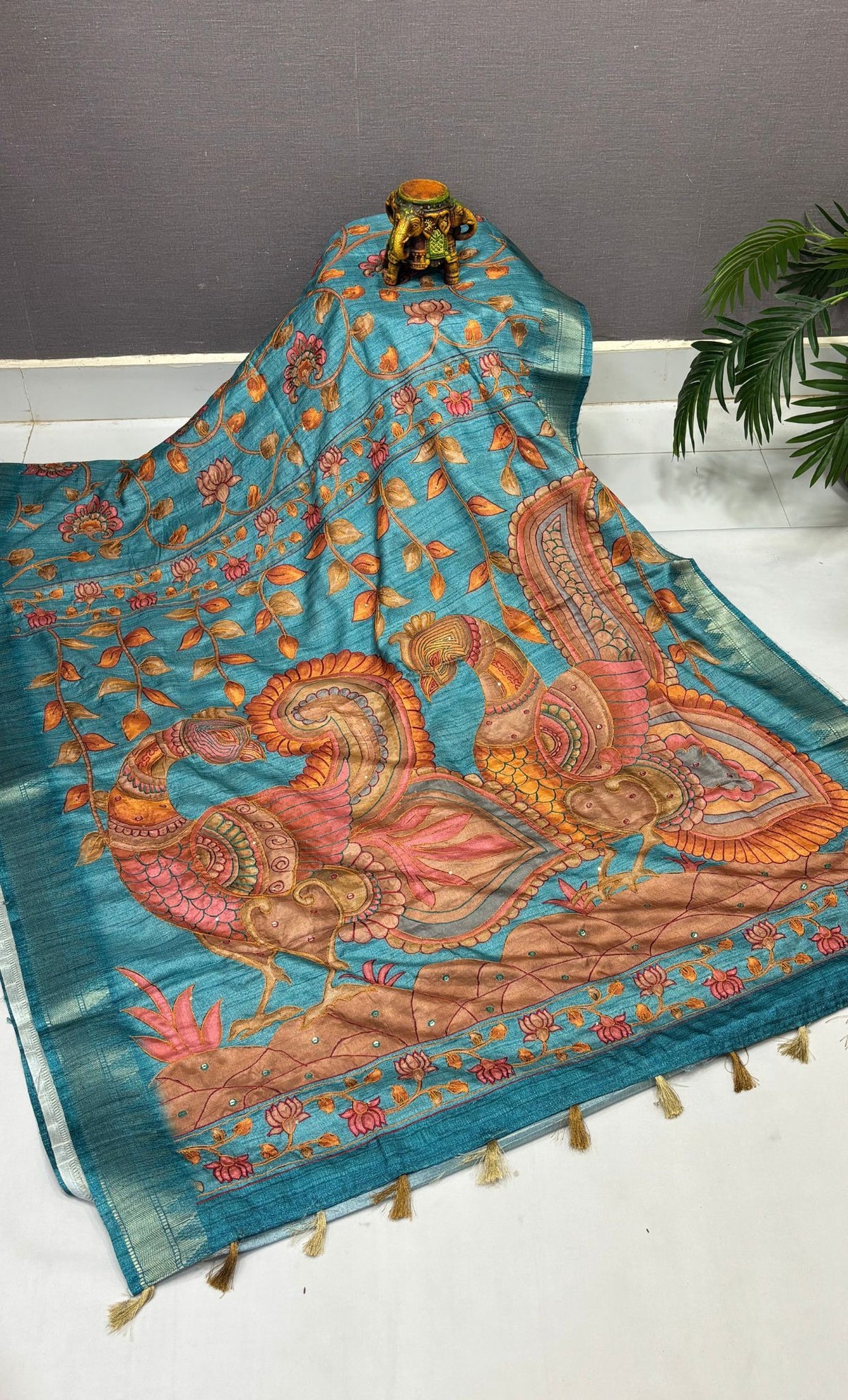 Semi Tussar Saree-Sky Blue In Twin Peacock