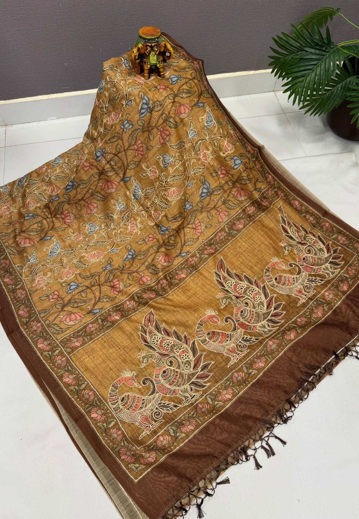 Chanderi Saree-Mustard In Floral Peacock Border
