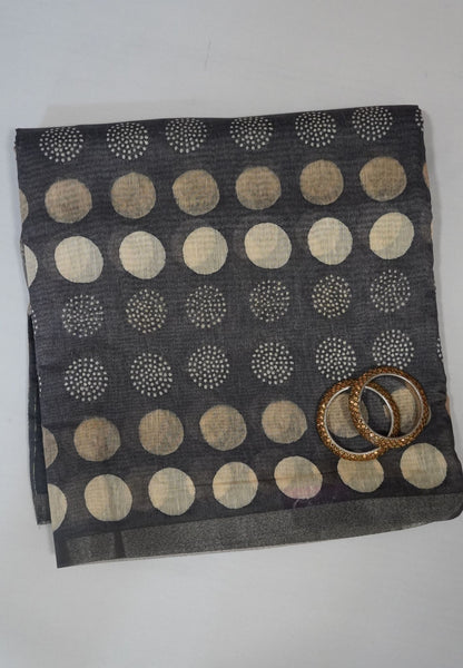 Chanderi Silk Saree - Black with polka dots and jamdhani pallu