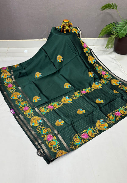 Pure Mangalgiri Silk Saree-Bottle Green with Tanjore Print