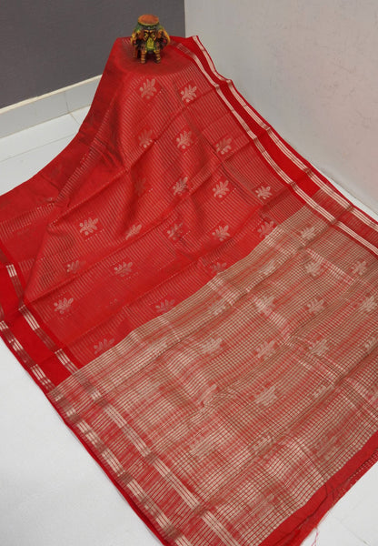 Semi Tussar Saree-Red in RainDrop Zari with Retapet Border