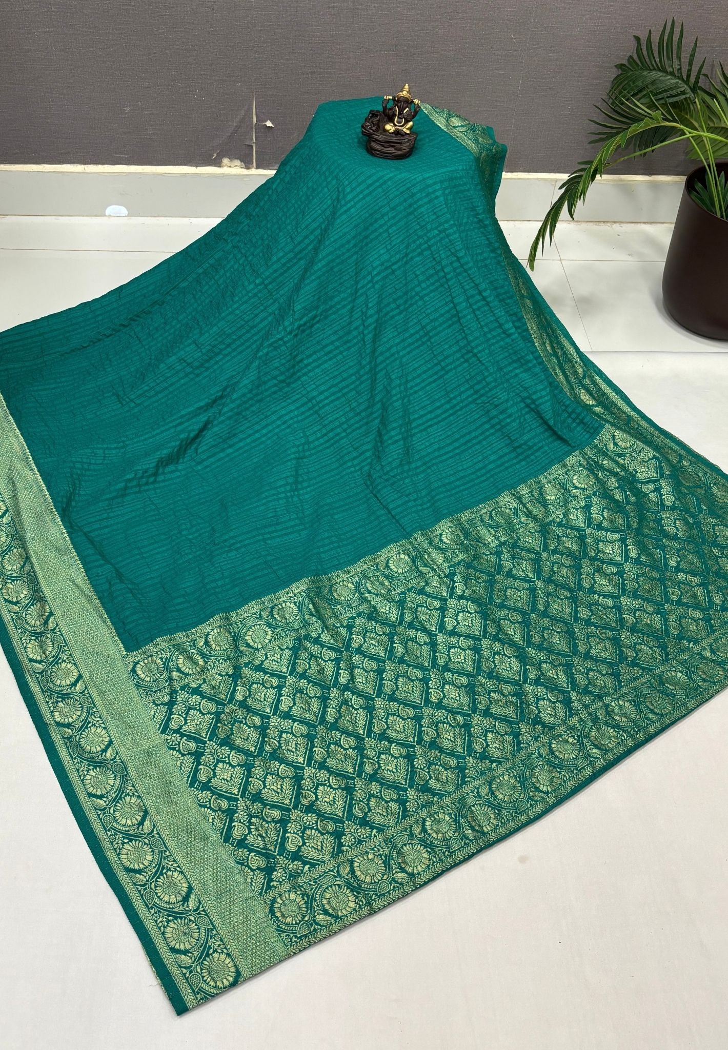 Banarasi Georgette Saree-Teal Green In Floral Jaal Zari Border