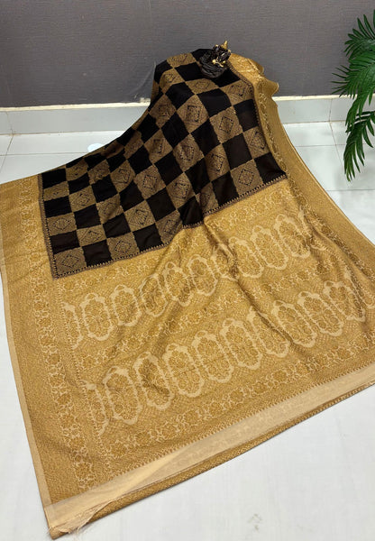 Banarasi Crepe Saree-Brown In Square Check Brocade With Contrast Border