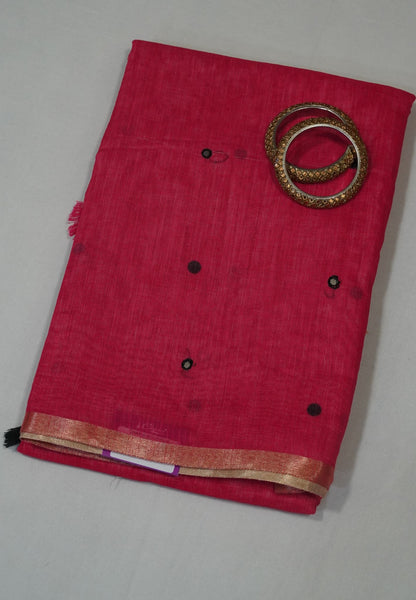 Linen Saree - Pink with Mirror Work