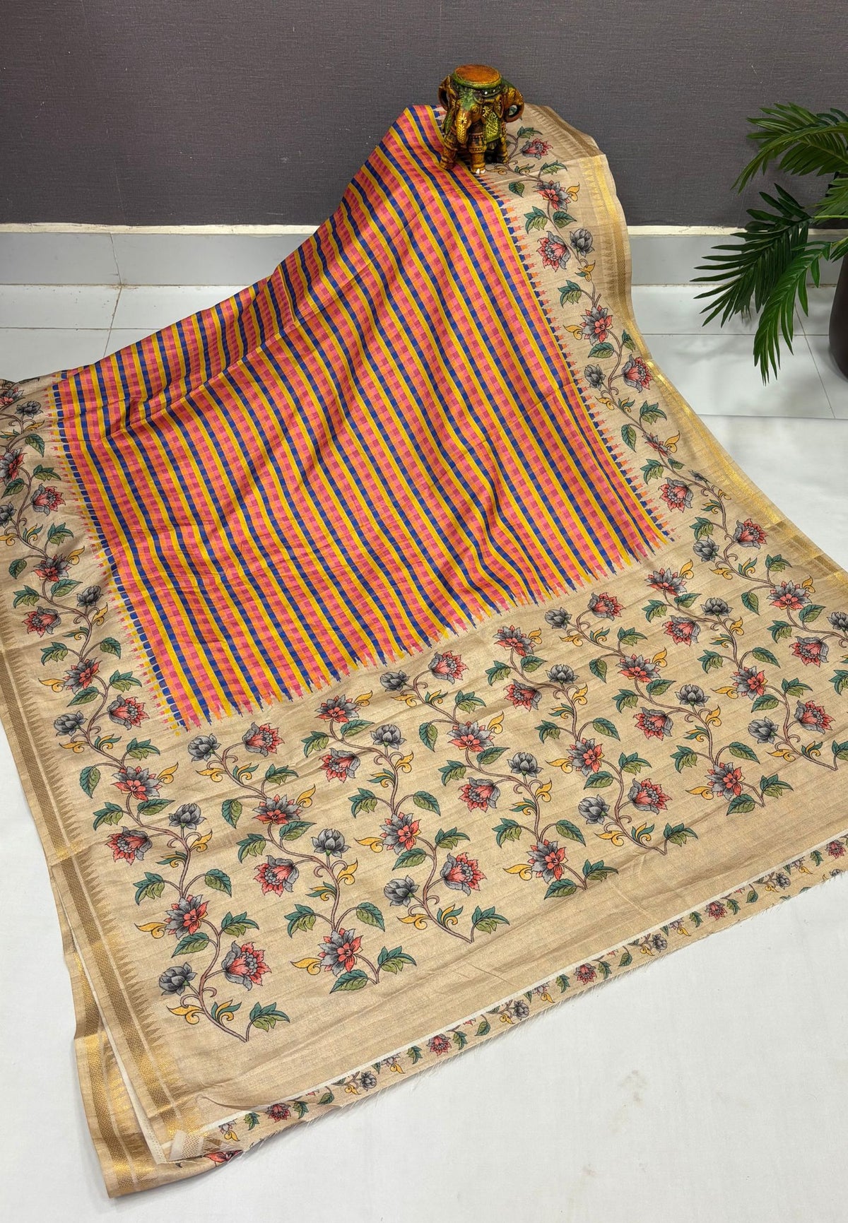 Semi Tussar Saree-Blue in Mini Checks Floral Border