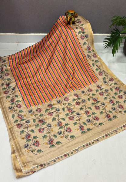 Semi Tussar Saree-Blue in Mini Checks Floral Border