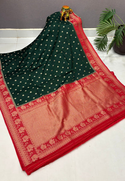 Tussar Linen Saree-Green in Traditional Peacock Floral Zari with Contrast Border