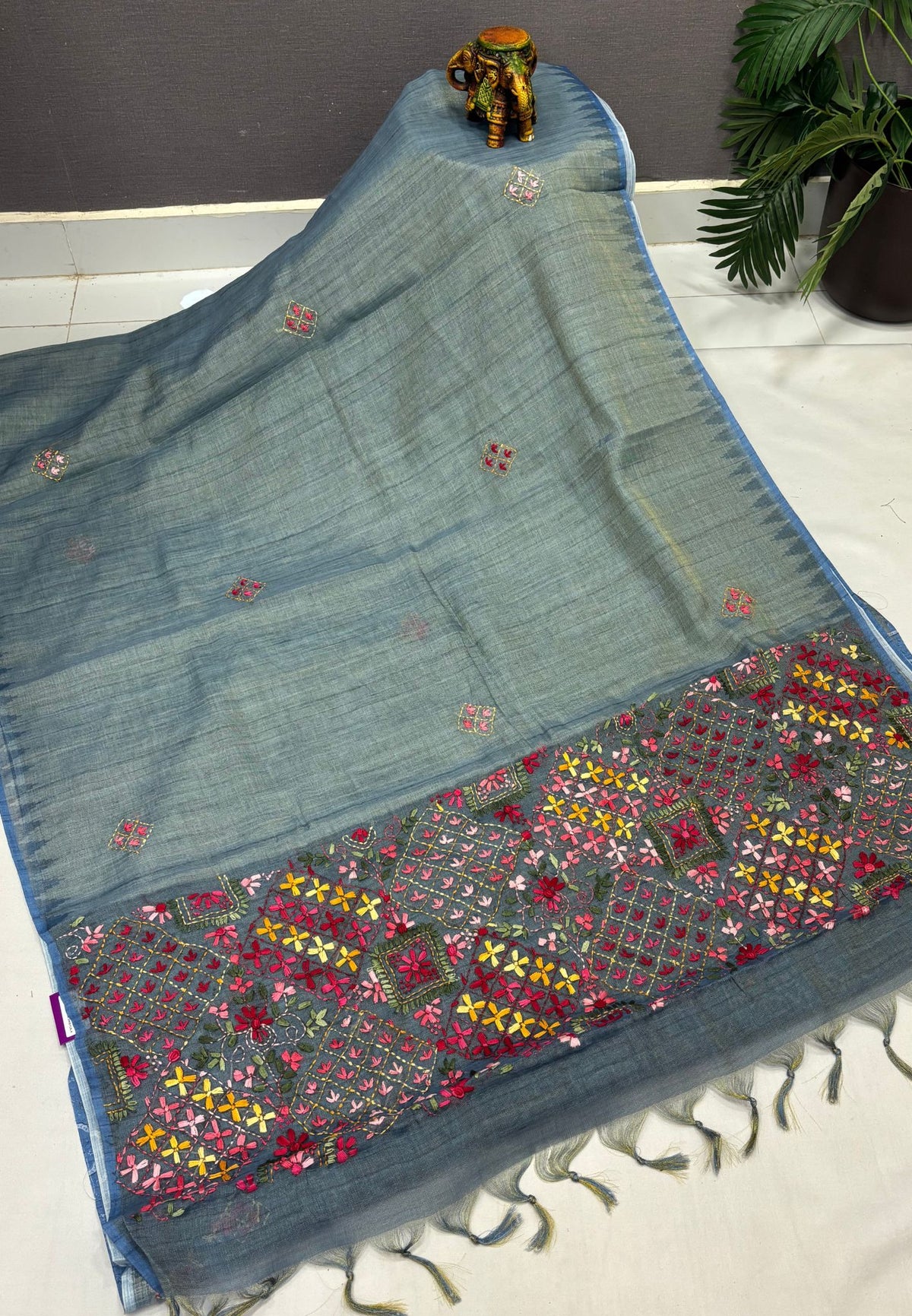 Tissue Linen Saree-Blue in Phulkari Embroidery Border