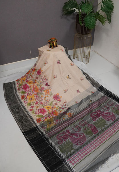 Pure Cotton Saree-Cream with Grey in Graden Grace