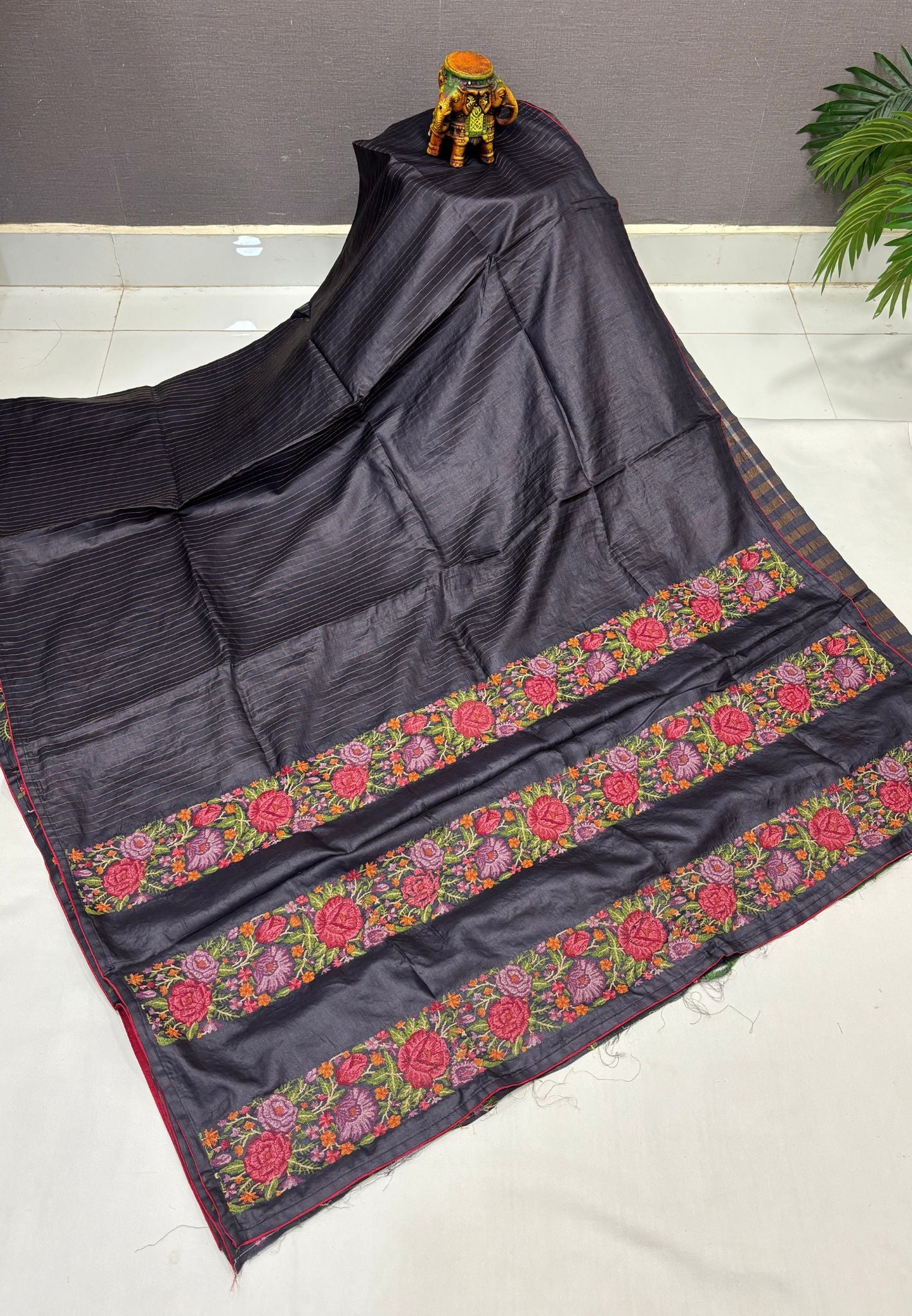 Pure Tussar Saree-Space Blue In Floral Vine Embroidered Border