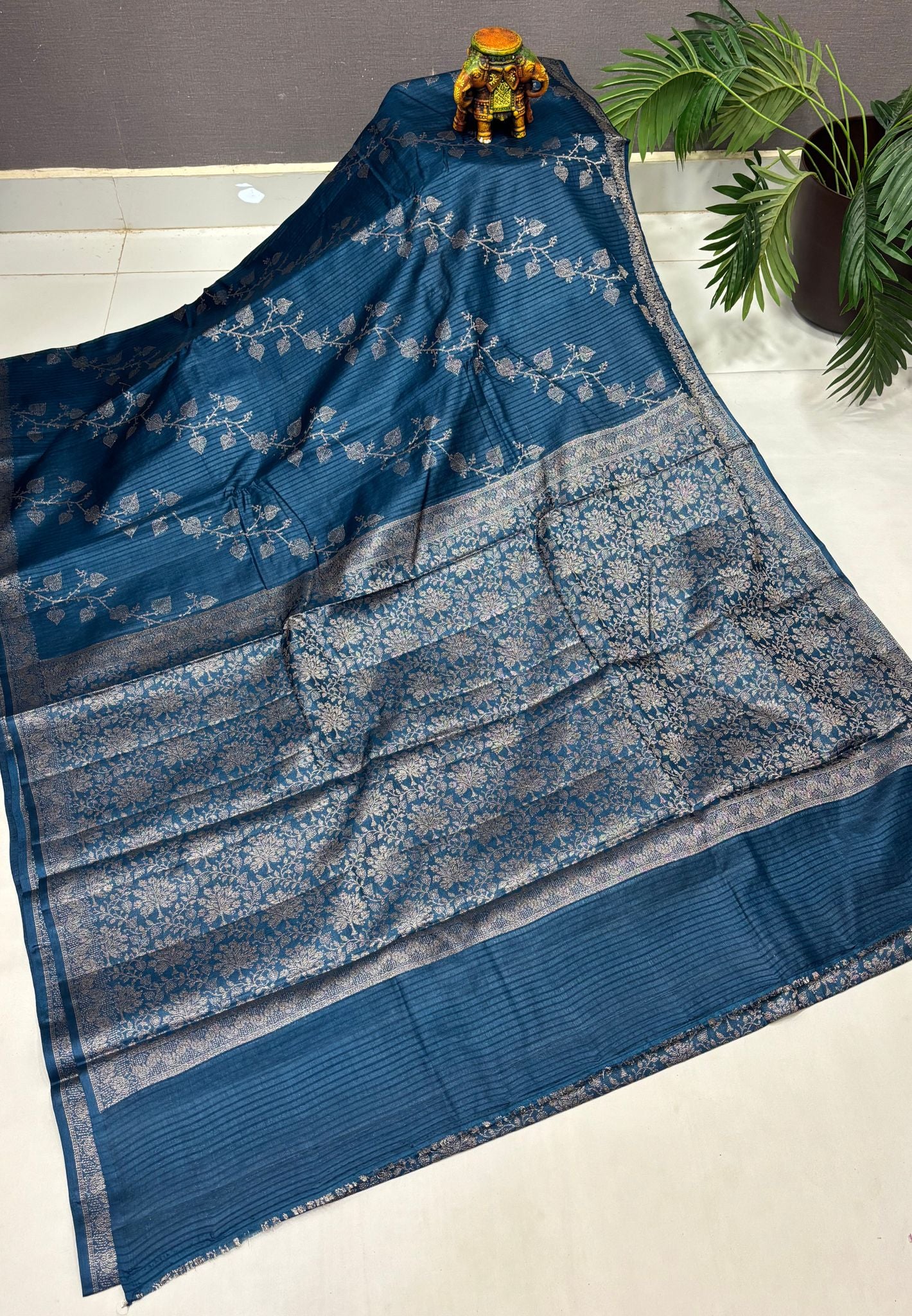 Pure Tussar Saree-Peacock Blue in Floral Vine Brocade Border