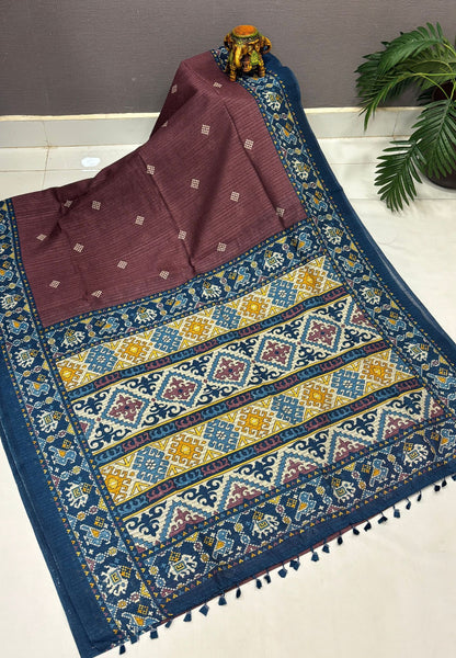 Jute Tussar Saree-Brown In Patola Print Border