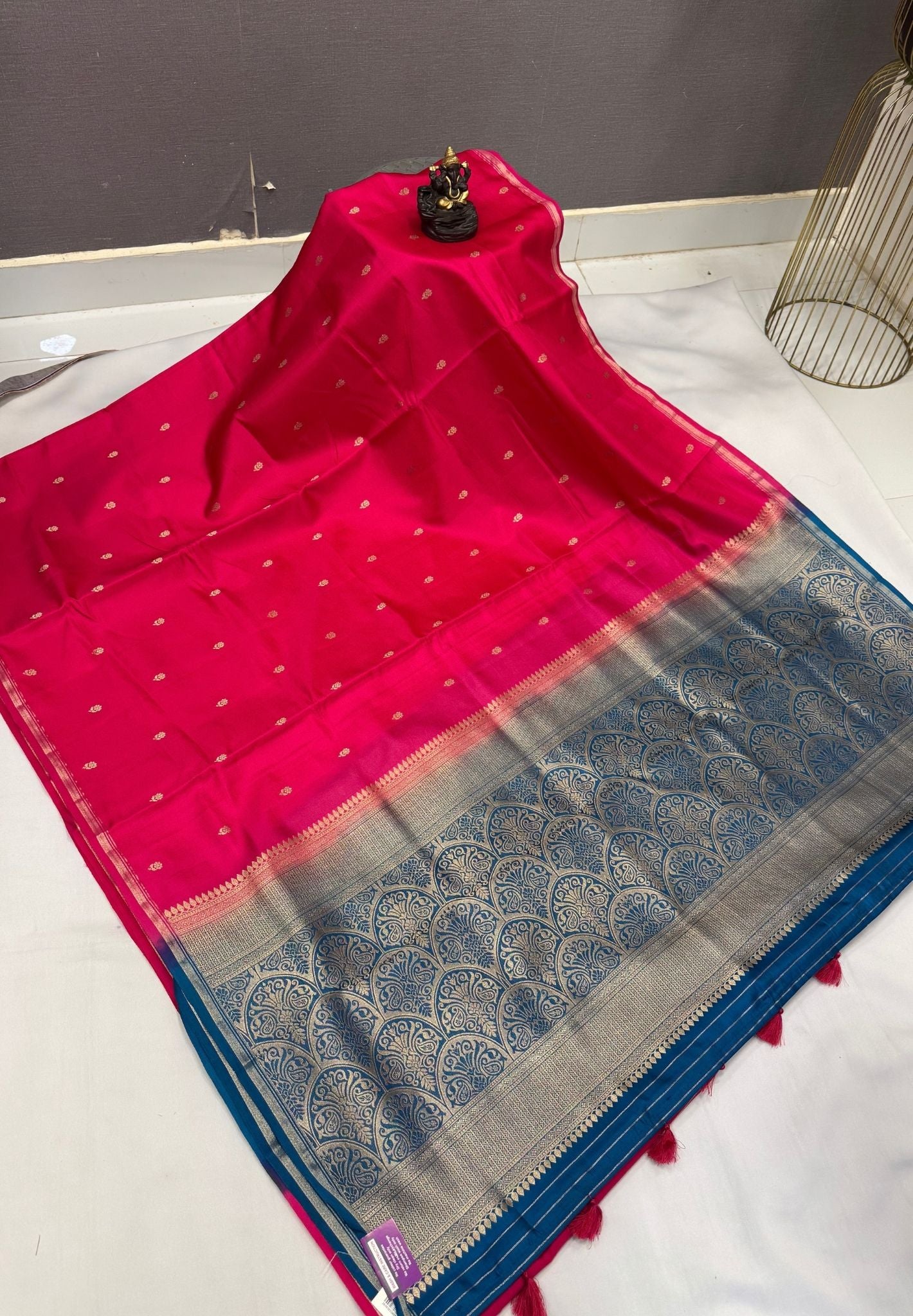 Gaji Silk Saree-Rani Pink In Paisley Jaal Zari Border