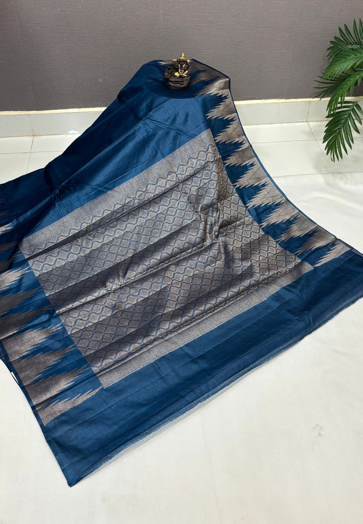 Pure Tussar Saree-Peacock Blue In Tazhalampoo Zari Border
