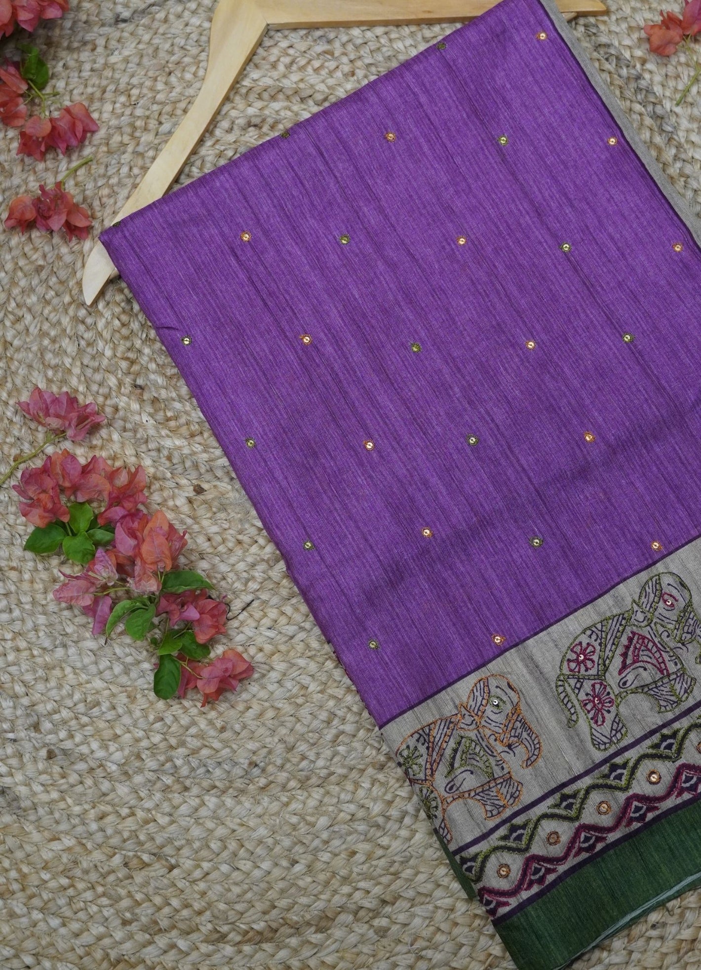 Semi Tussar Saree – Purple Green Elephant Design