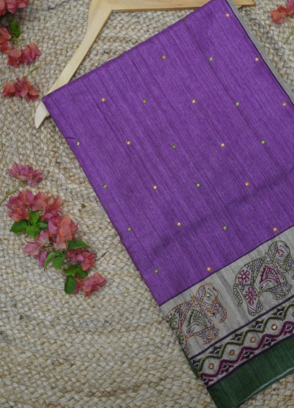 Semi Tussar Saree – Purple Green Elephant Design