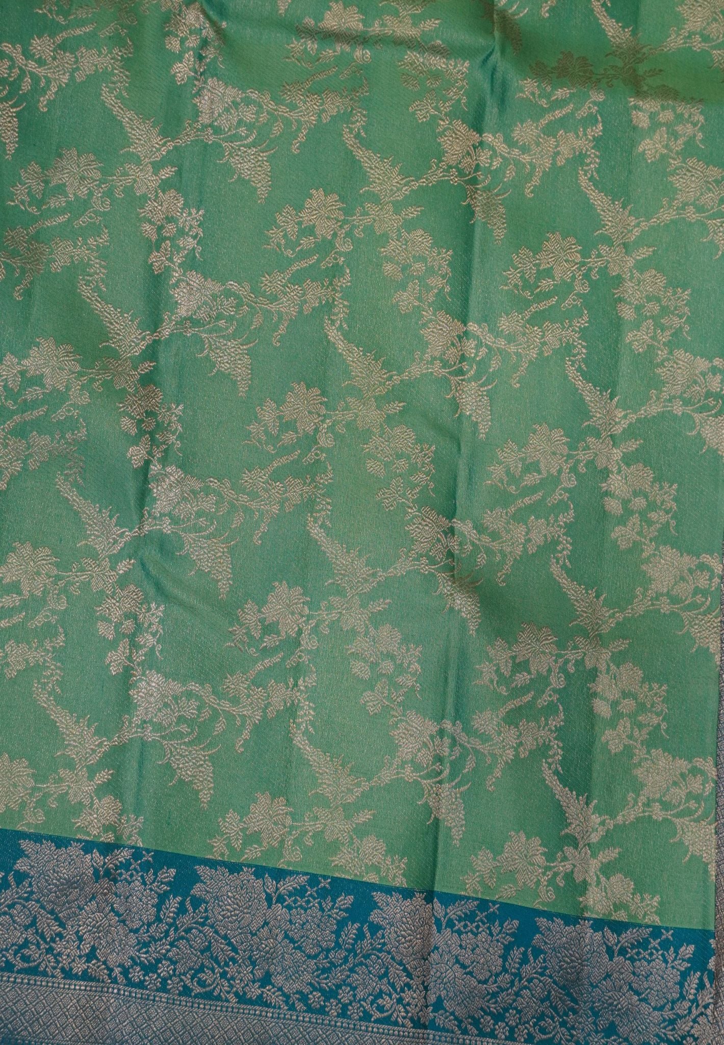 Pure Kanchipuram Silk Saree- Sea Green-Blue with Zari Creeper
