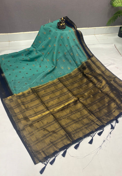 Soft Jute Saree-Metallic Green-Blue With Rettapet Border