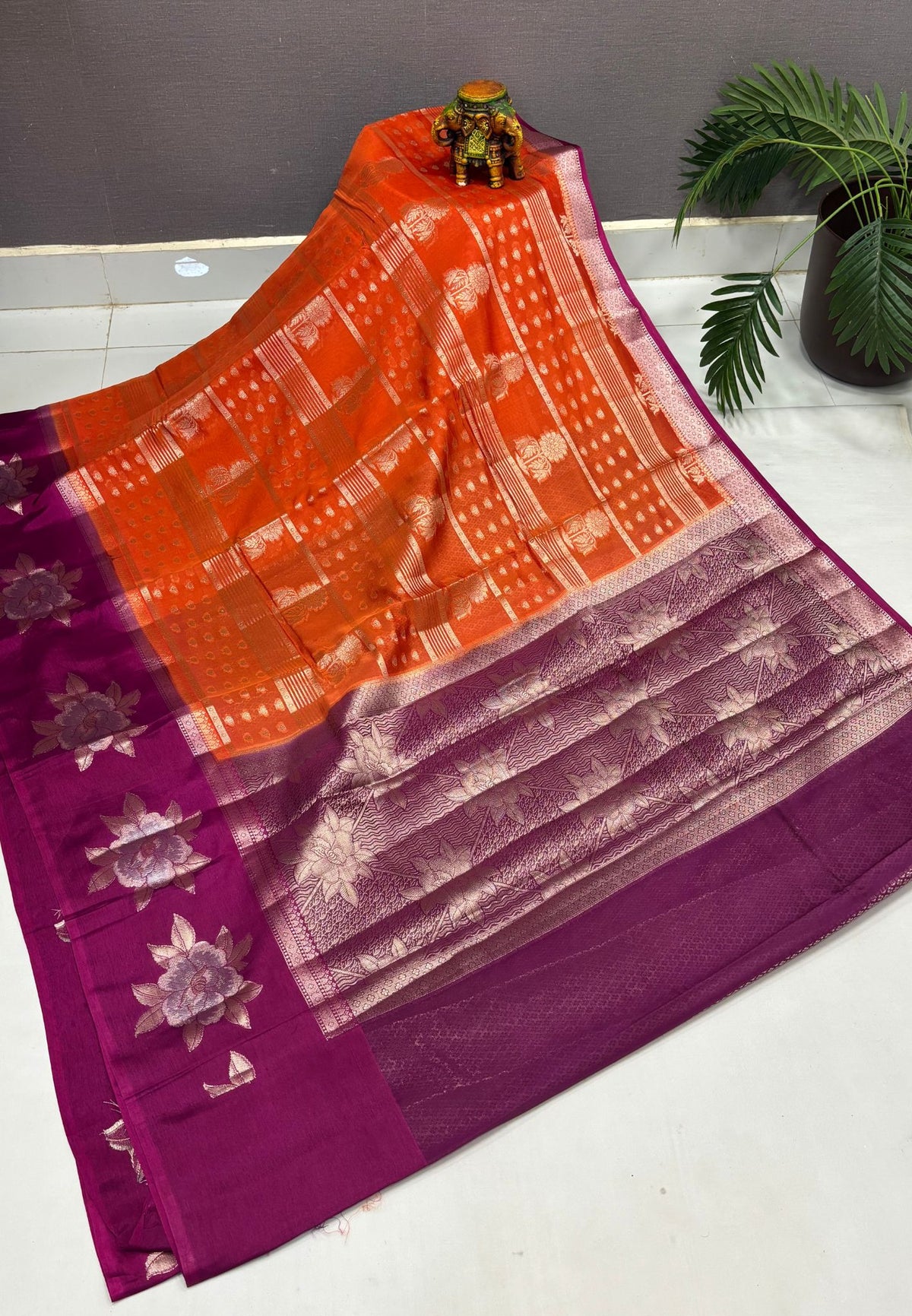 Kathan Silk Saree-Orange In Floral Brocade Zari Border