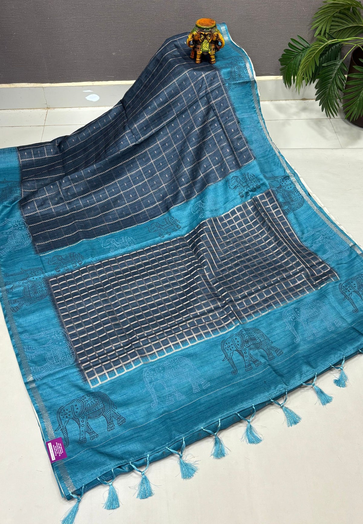Semi Tussar Saree-Peacock Blue in Traditional Elephant Motif Zari Border