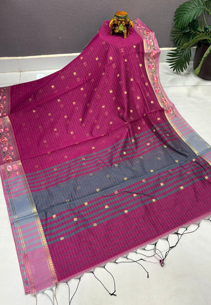 Handloom Cotton Saree-Magenta Purple in Floral Vine Border with Zari Stripes
