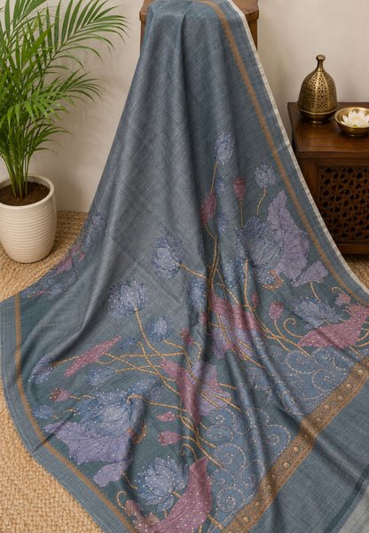 Tussar Saree-Greyish Blue with French Knot & Sequence Work