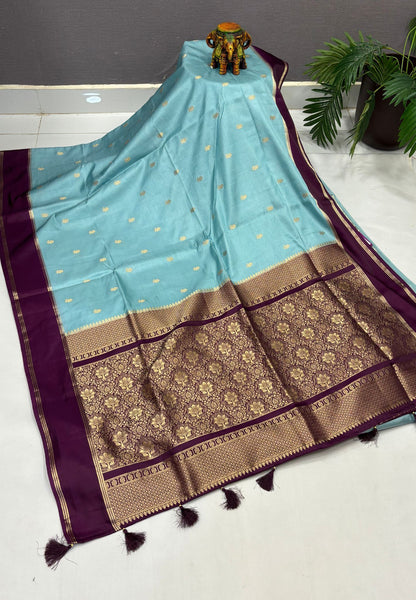 Gaji Silk Saree-Sea Blue in Floral Brocade Zari with Contrast Border