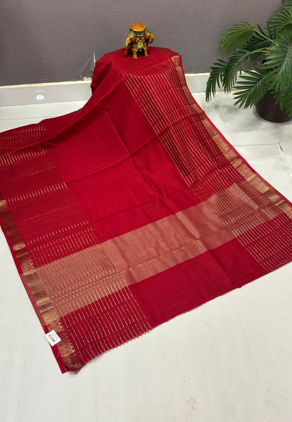 Semi Chinya Silk Saree-Rust Orange In Fine Stripe Zari Border