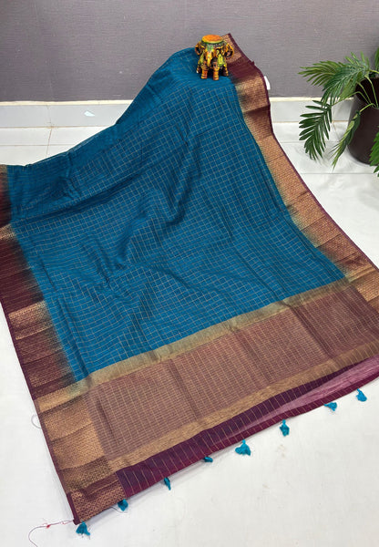 Bamboo Saree-Ramar Blue in Mini Checked Zari Border