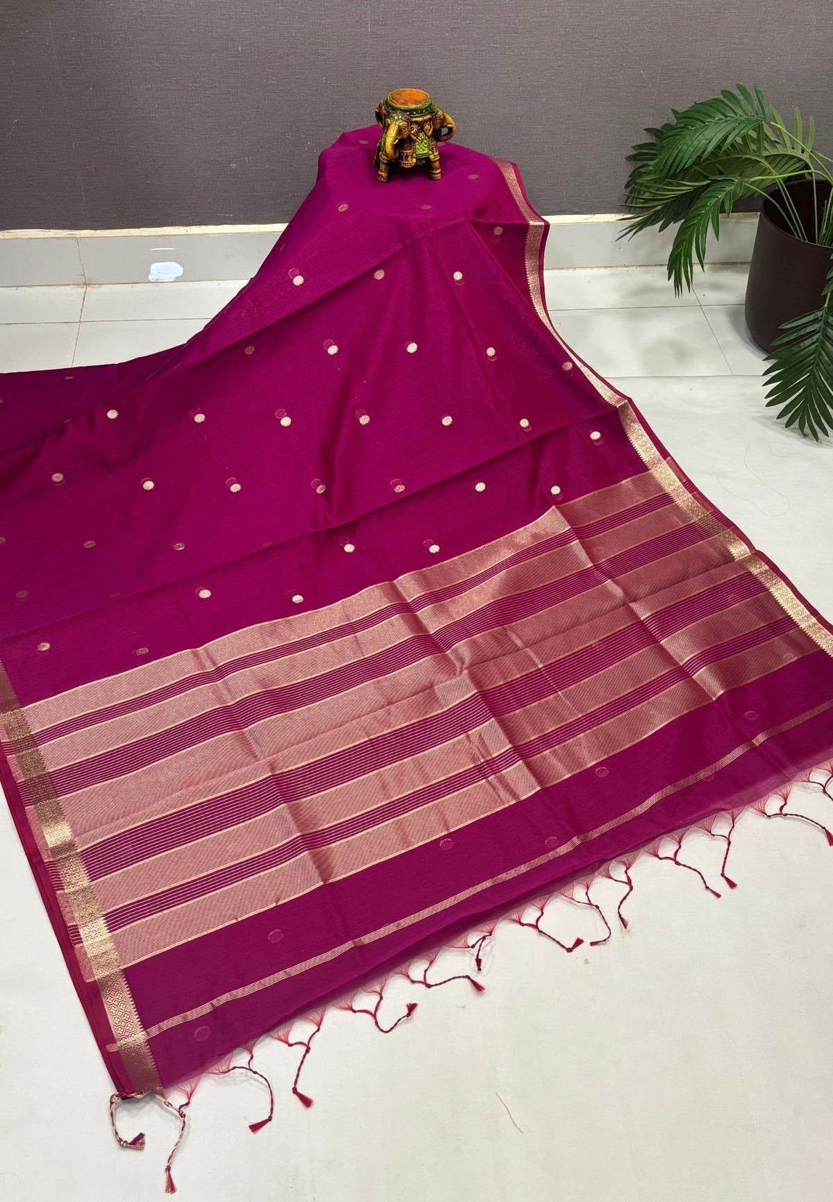 Semi Maheswari Saree-Wine In Multi-Stripe Zari Border