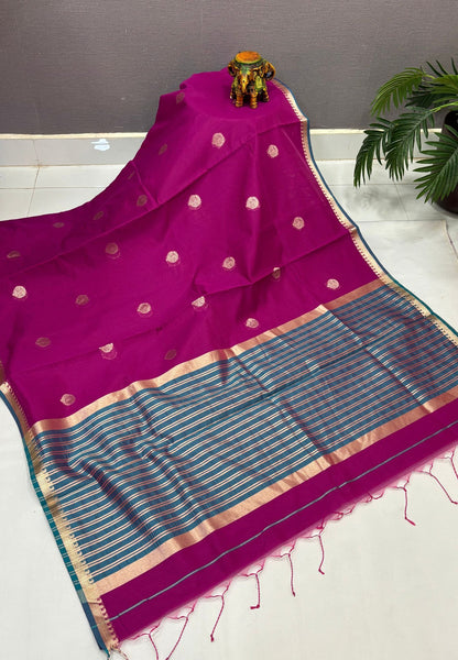 Semi Maheswari Saree-Purple In Multi-Stripe Zari Border