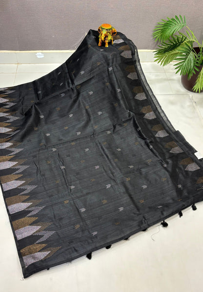 Tussar Saree-Black In Twin Tower Border
