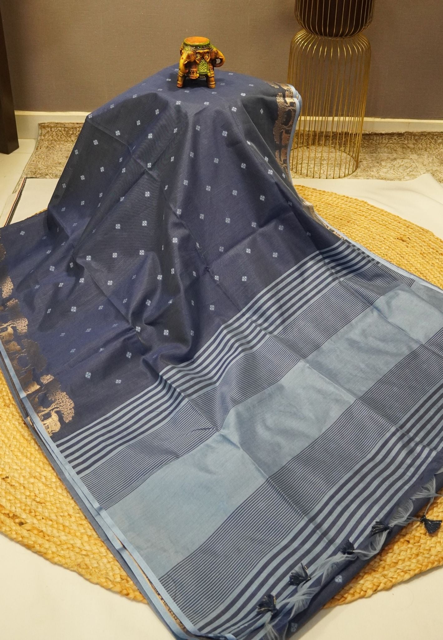 Raw Silk Saree-With Tree and Elephant-Navy Blue
