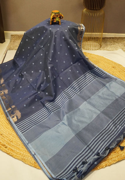 Raw Silk Saree-With Tree and Elephant-Navy Blue