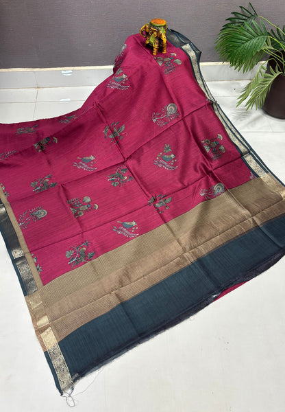 Chanderi Saree-Dark Magenta in Traditional Bird Motif Border
