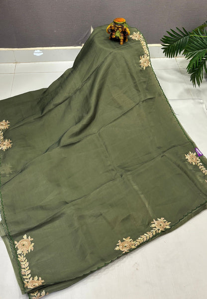 Crush Organza Saree-Grass Green In Floral Vine Scallop Border
