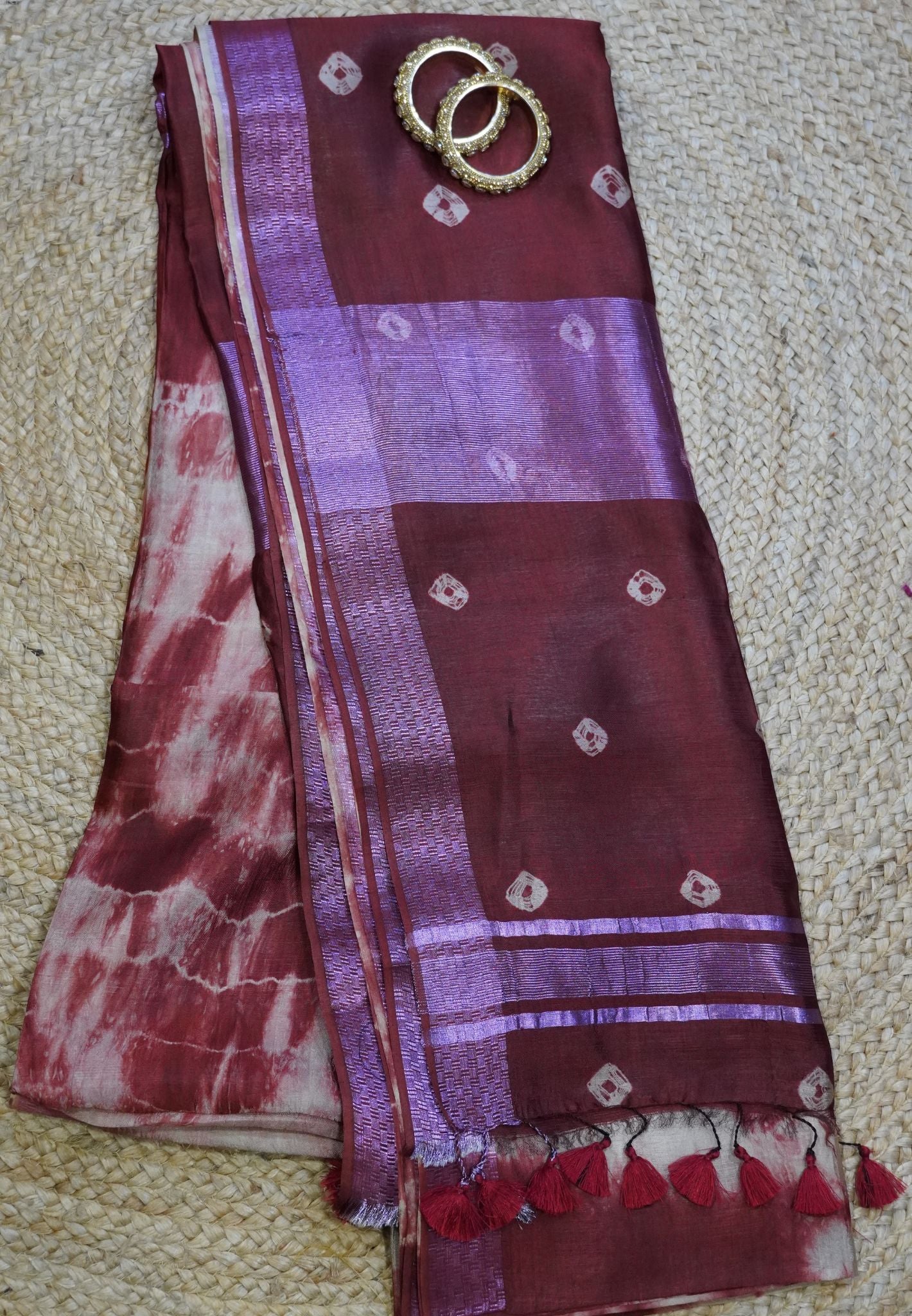 Pure Banana Silk Saree- Brown with Bandhini print