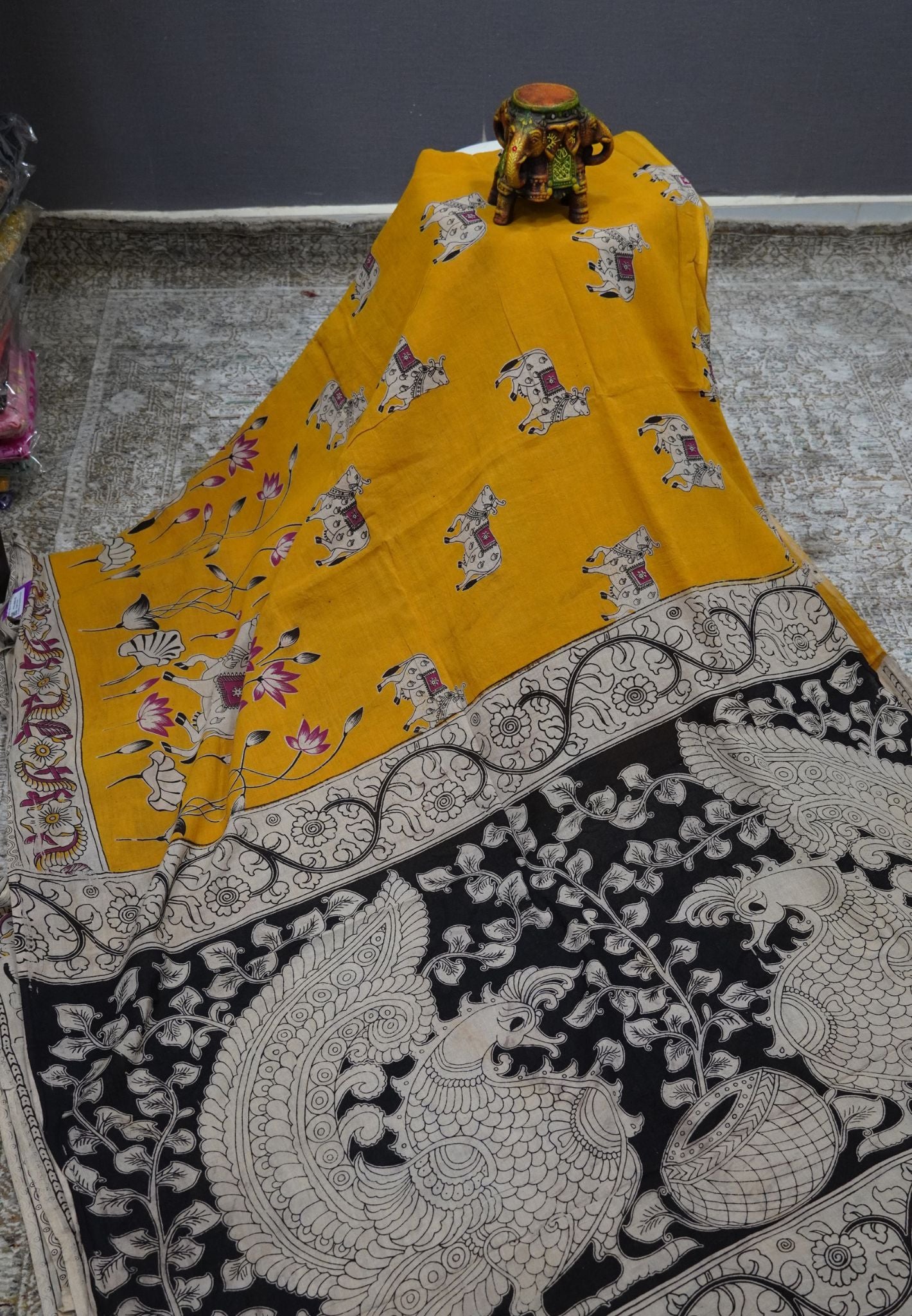 Kalamkari Cotton Saree – Traditional Art Inspired Design – Mustard