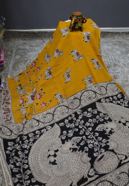 Kalamkari Cotton Saree – Traditional Art Inspired Design – Mustard