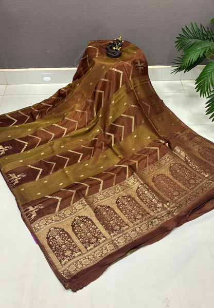 Banarasi Crepe Saree-Brown In Deer Motif Zari Border