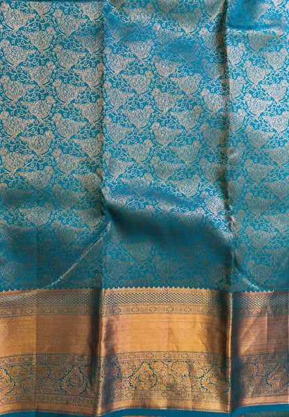 Pure Kanchipuram Silk Saree -Teal Blue Brocade Silk