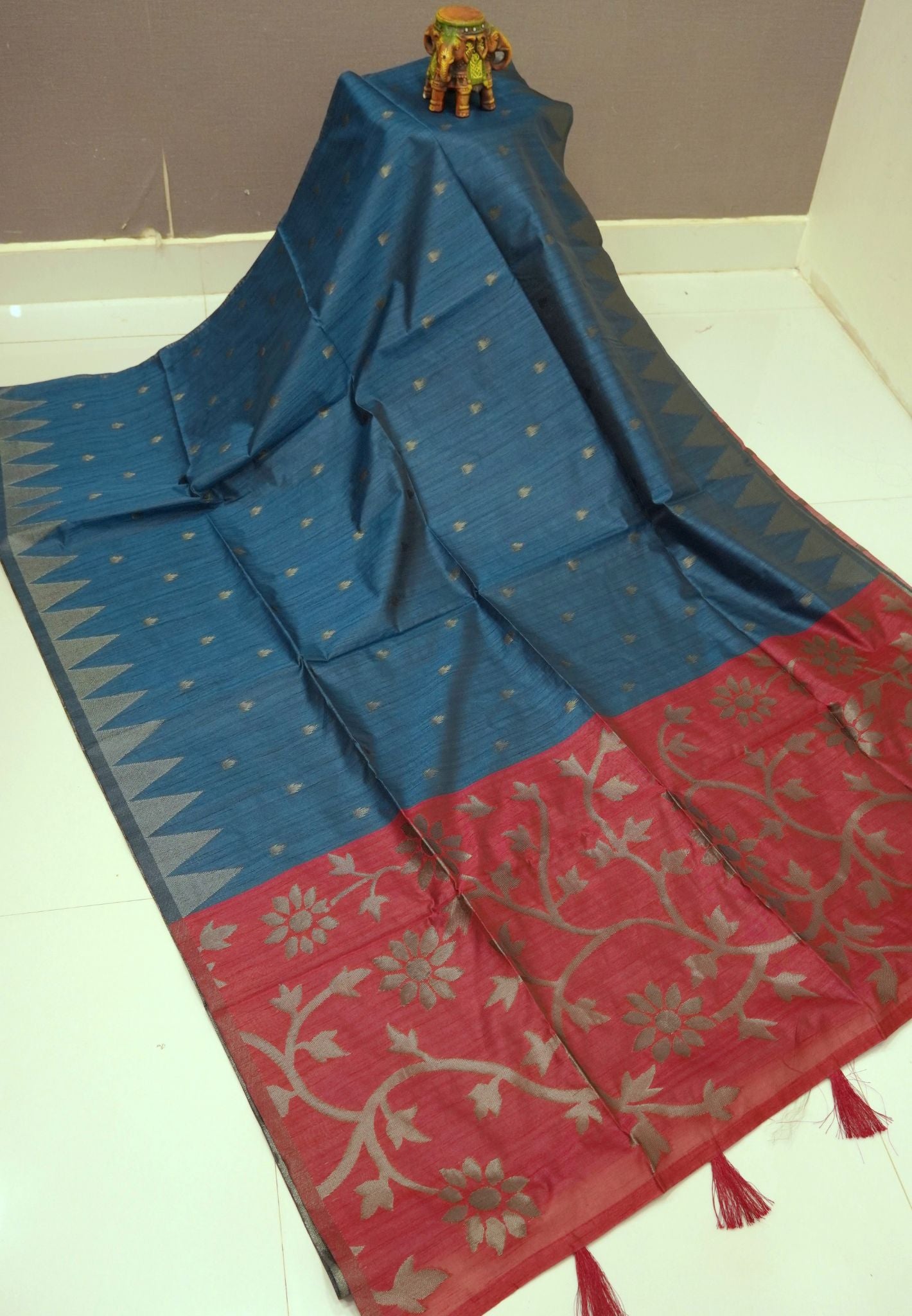 Semi Raw Silk Saree-Peacock Blue in Antique Silver Zari Butta with Tower Border