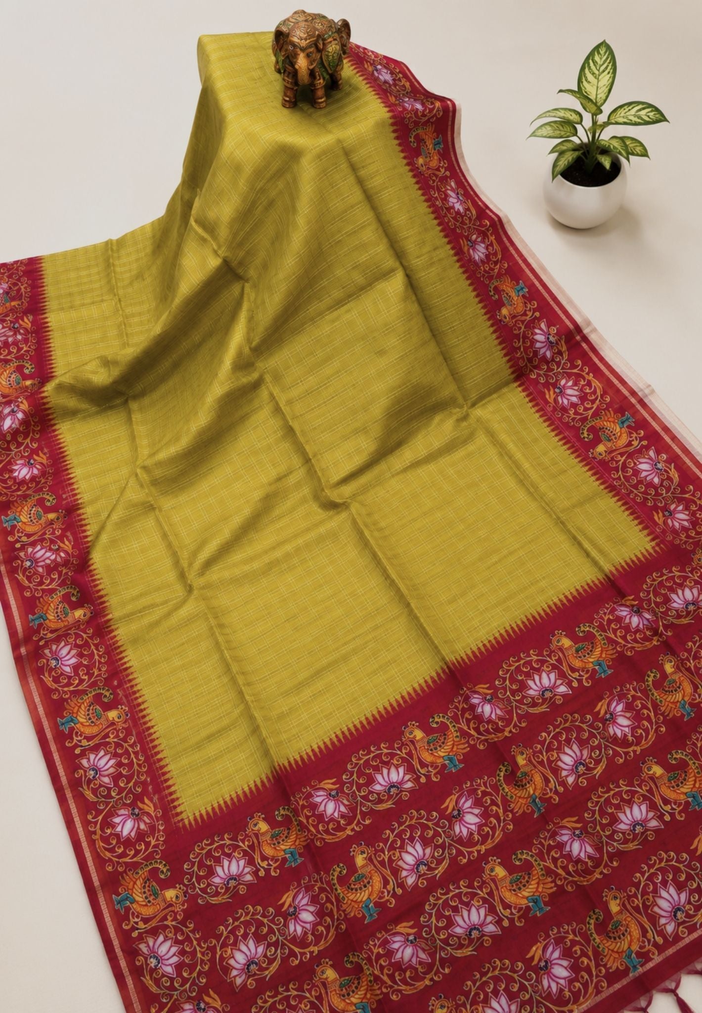 Premium Matka Tussar Saree-Light Green with Contrast Border in Tanjore Print